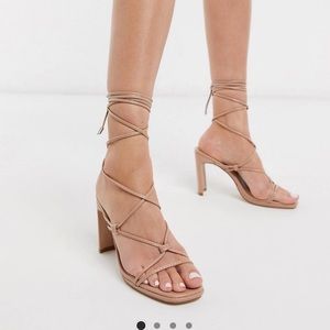 Tan ankle-tie block heels